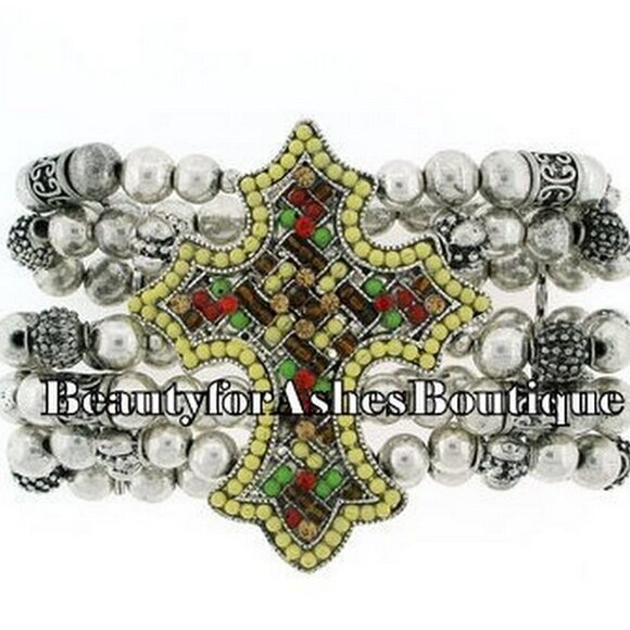 Bohemian Multicolor Crystal Beaded Cross Silver Chunky Wide Stretch Bracelet NWT - Picture 8 of 9
